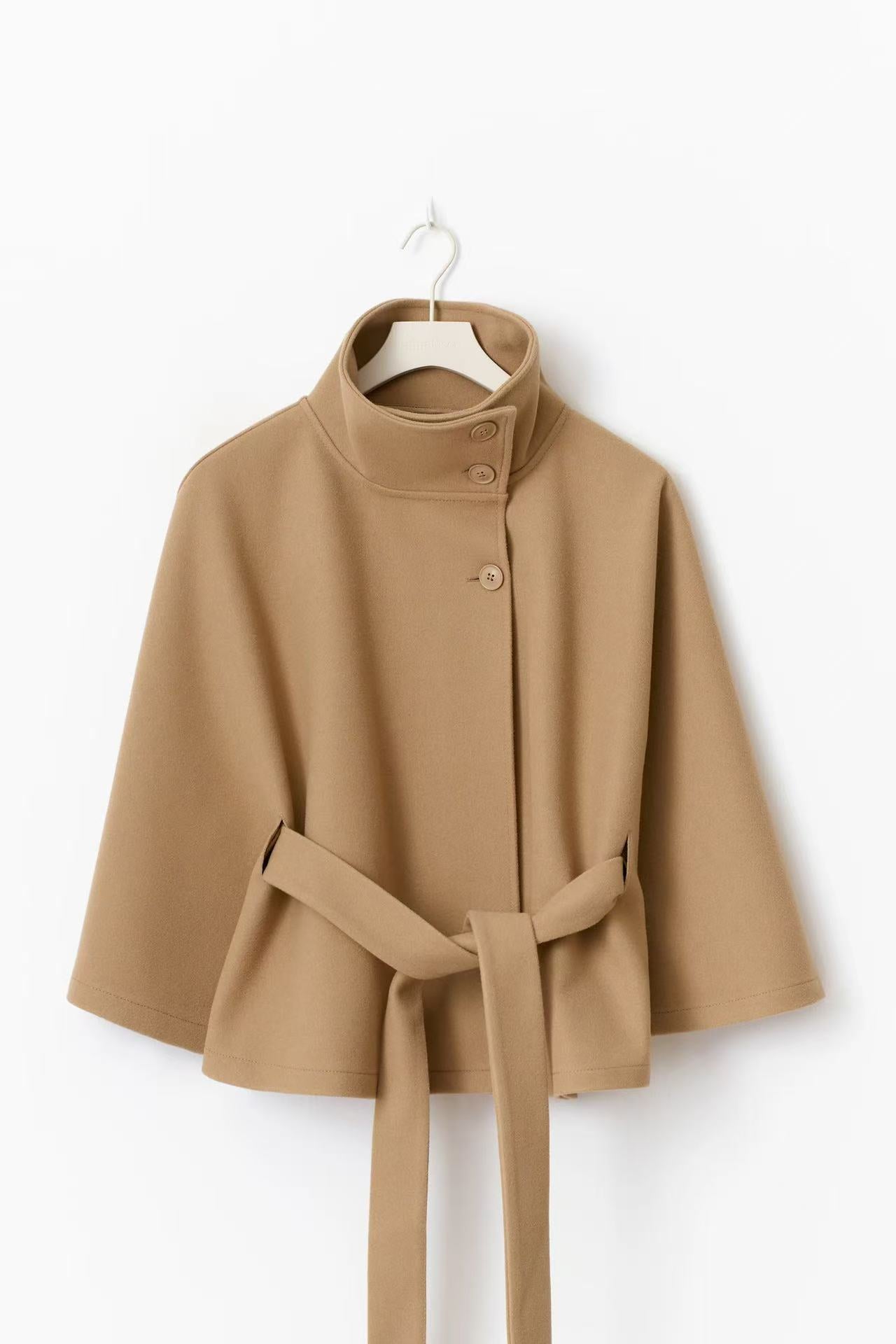 Stand-up Collar Bathrobe-style Belt Coat