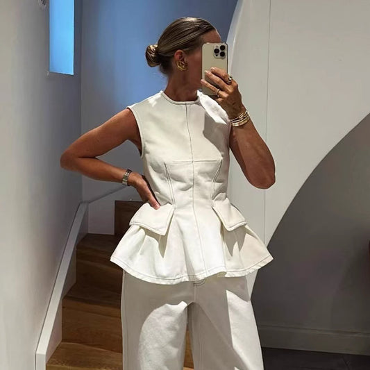 French Style Round Neck Sleeveless Short Skirt Pleated Top