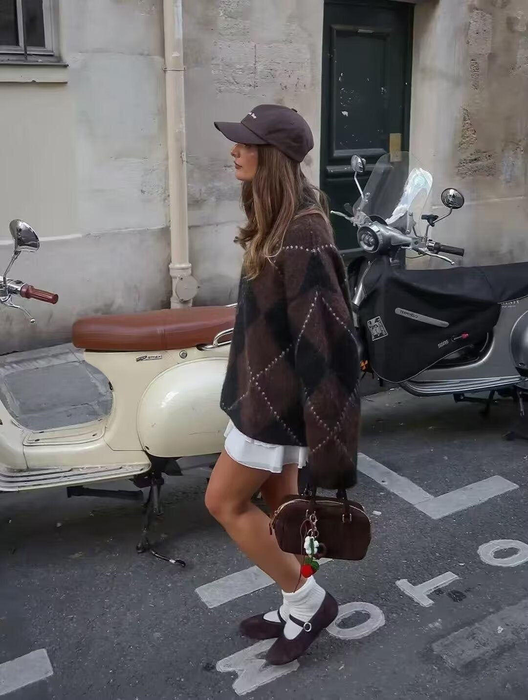 Diamond Plaid Pullover Knitted Top + Skirt Set