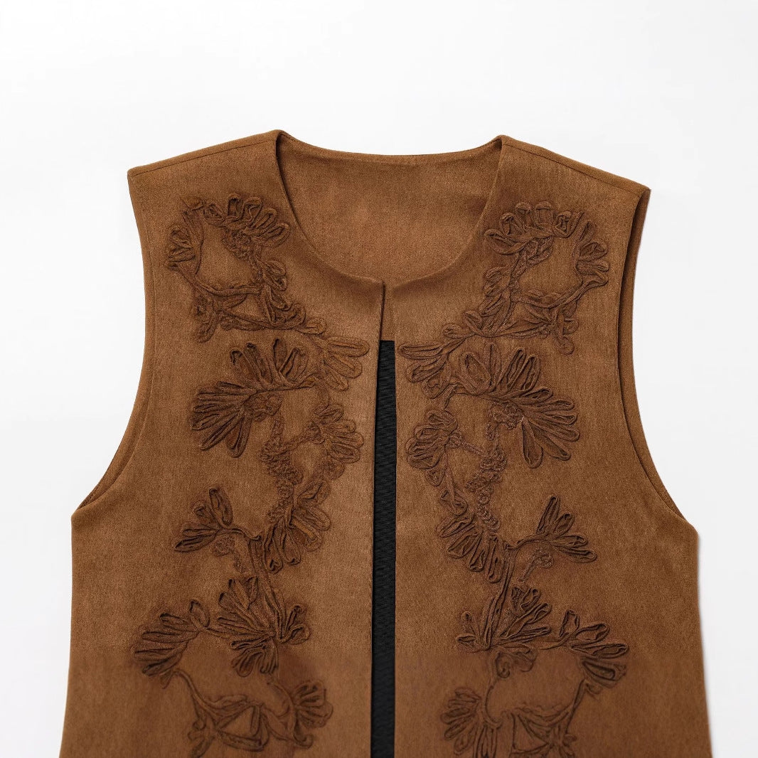 Embroidered Suede Texture Vest