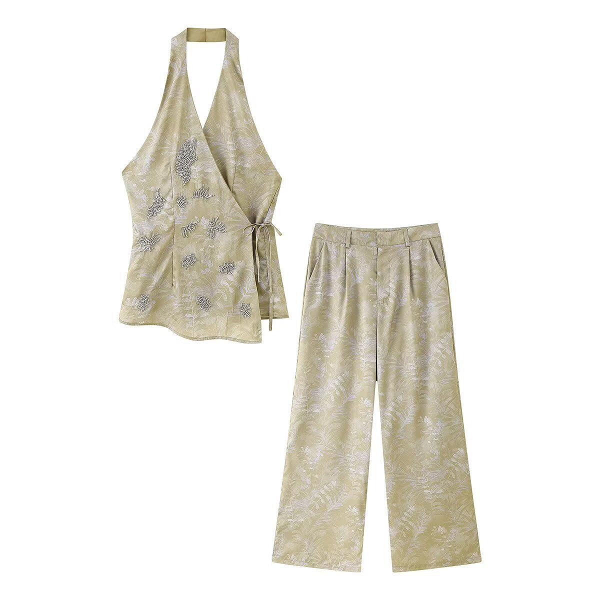 Printed Sleeveless Lace-up Top + Wide-leg Pants Set