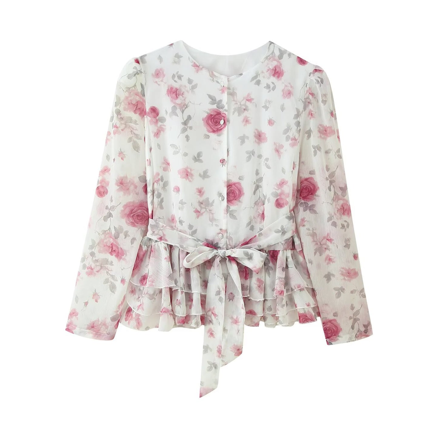 Floral Long-sleeved Top and Skirt Suit