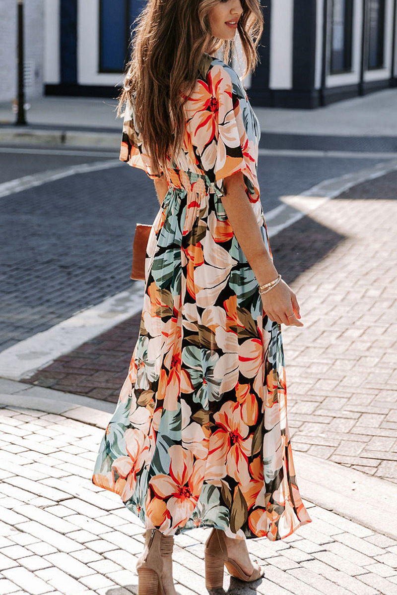 High-Waisted Printed Slit Dress
